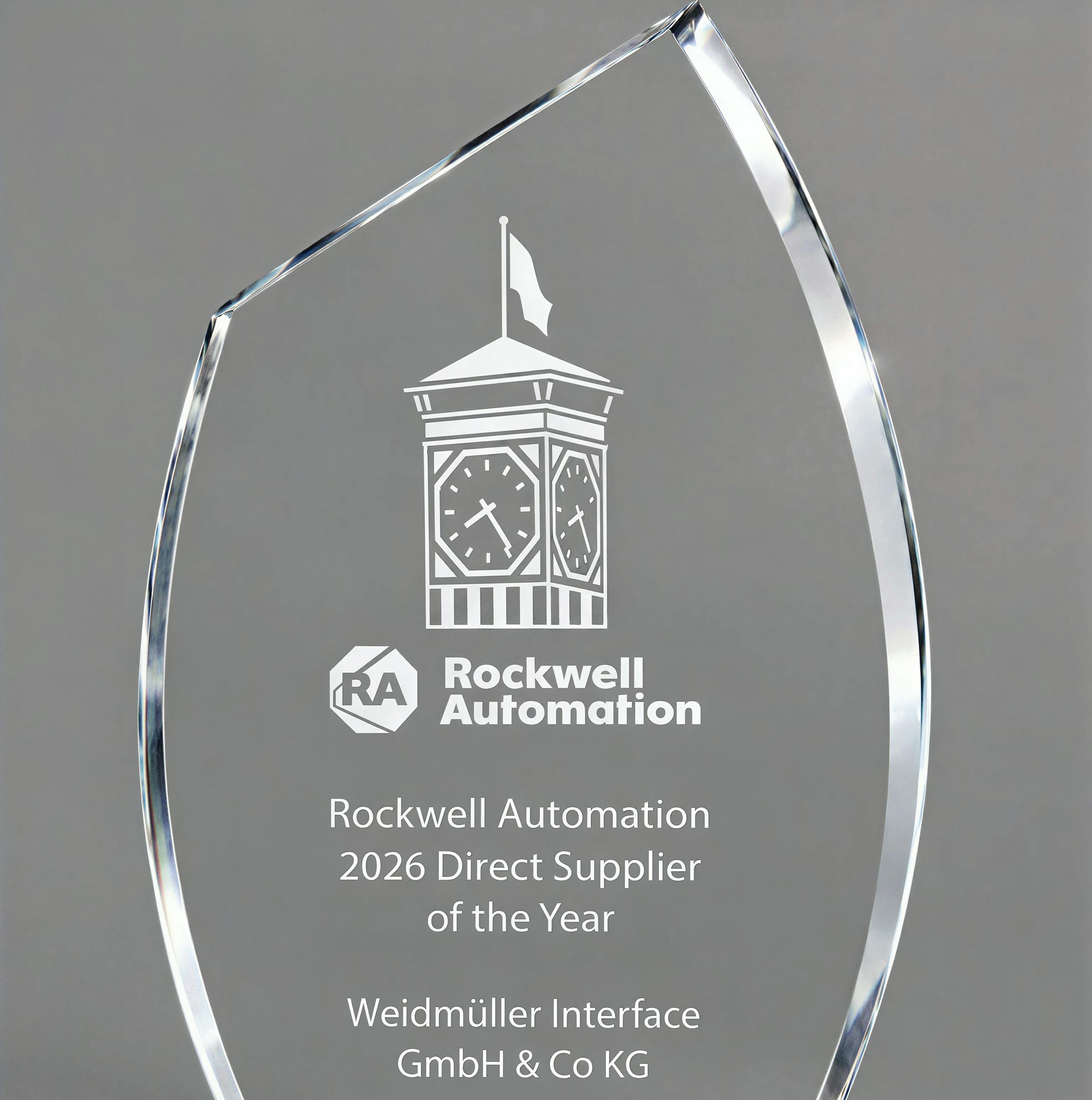 Rockwell Automation's 2026 Direct Supplier of the Year award, etched with Weidmuller Interface