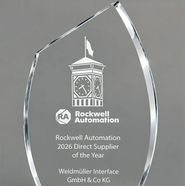 Rockwell Automation's 2026 Direct Supplier of the Year award, etched with Weidmuller Interface