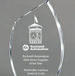 Rockwell Automation's 2026 Direct Supplier of the Year award, etched with Weidmuller Interface