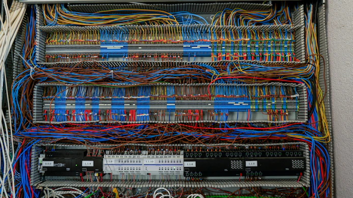 Shot of an intricate network of wires and connections within an electrical control panel