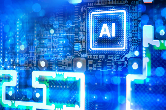 Artificial intelligence development, glowing AI processor chip mounted on electronic circuit board symbolizes machine learning computing power and advanced semiconductor technology.