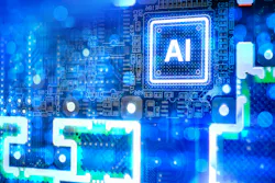 Artificial intelligence development, glowing AI processor chip mounted on electronic circuit board symbolizes machine learning computing power and advanced semiconductor technology.