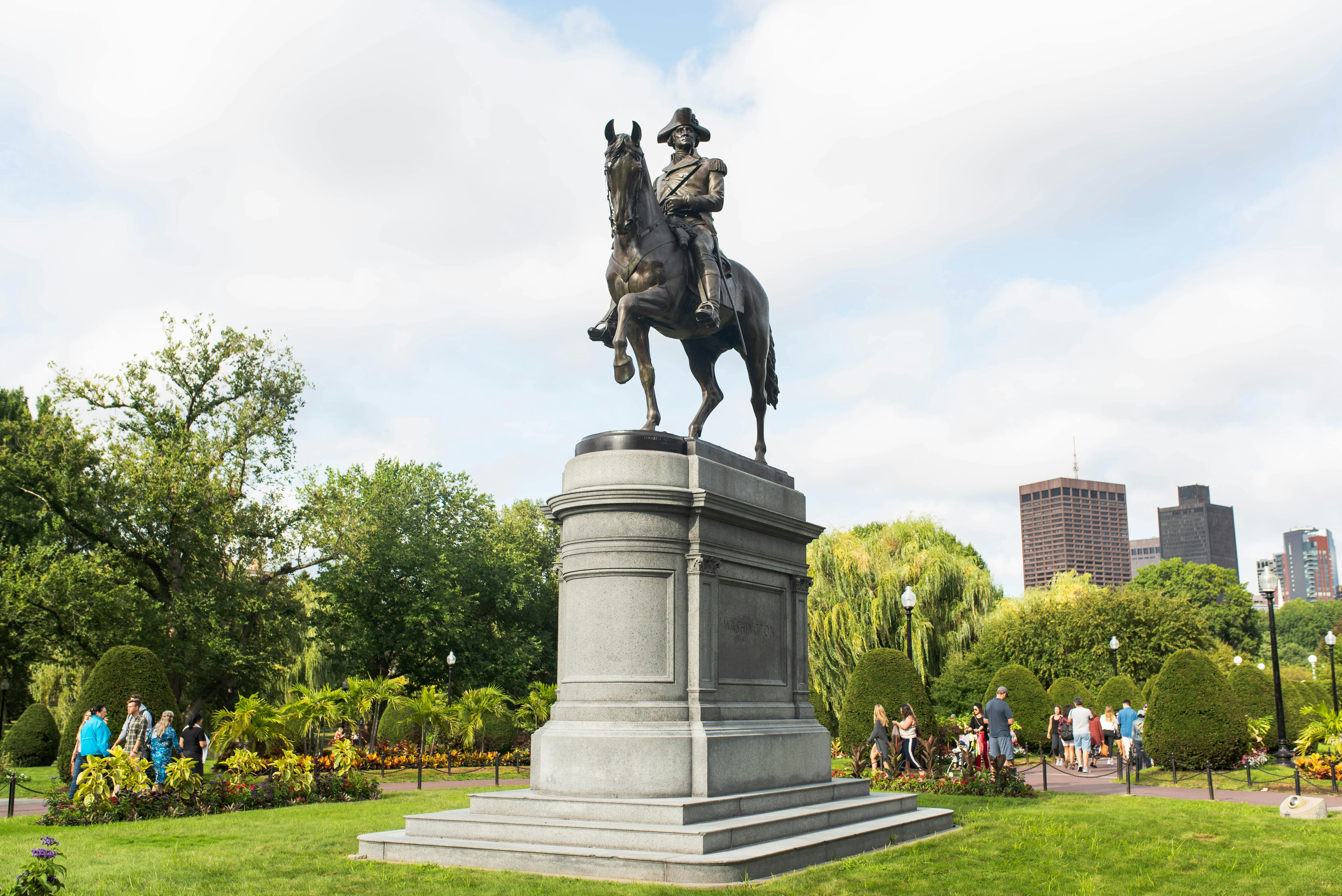The George Washington Monument at the Public Garden in Boston, MA on a beautiful sunny day.