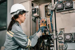 Robotic technician control automation works within accepted limits by testing operating voltages and electrical configurations. Robotic factory routine checks and maintenance to follow safety rules.