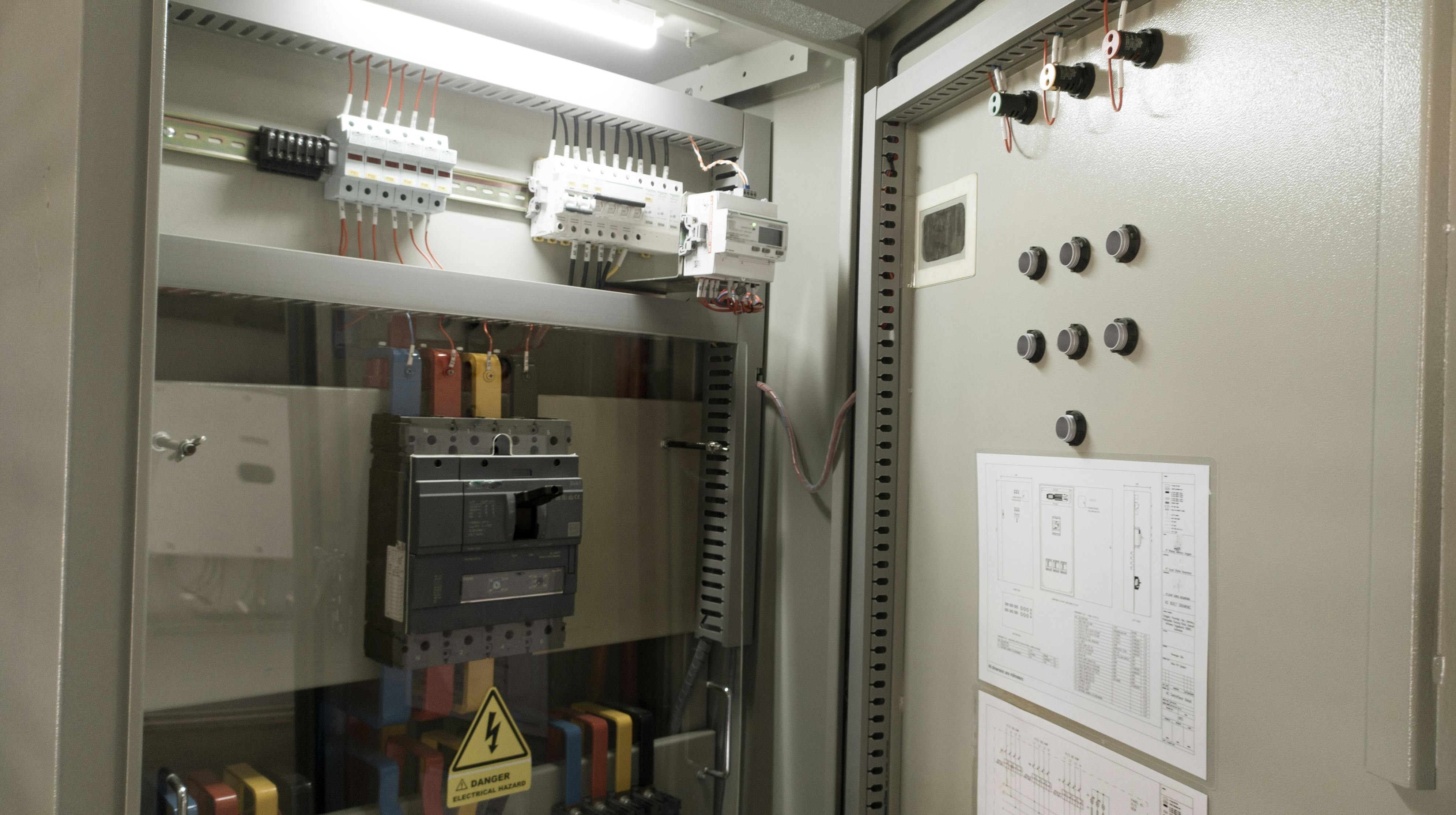 Main breaker on the distribution panel control,Electrical switch gear at Low Voltage power control center cabinet in coal power plant.