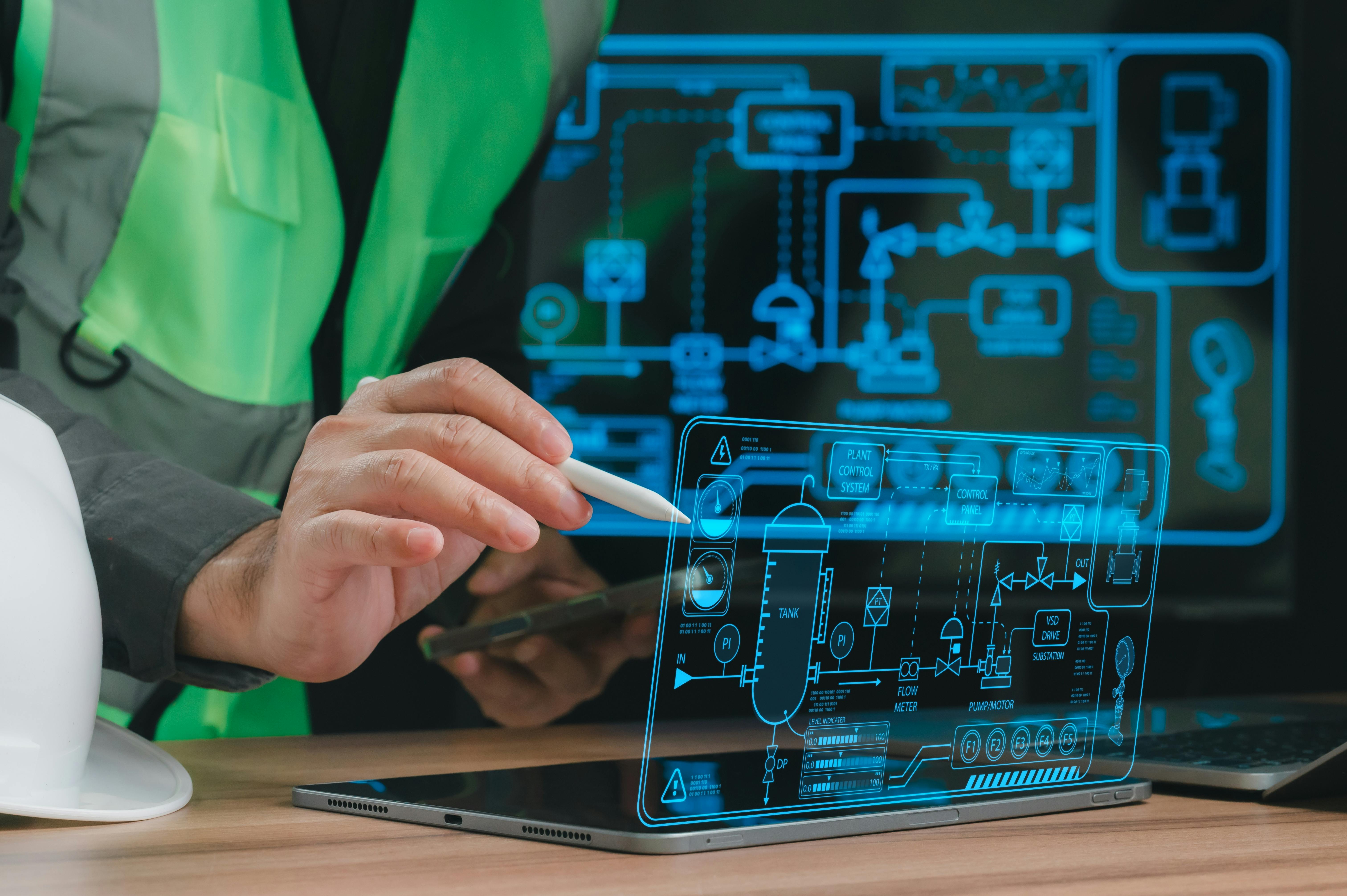 Control business technology with hand and computer data, control tablet plant innovation, business factory industry, pen engineering worker safety engineer, control. background technology
